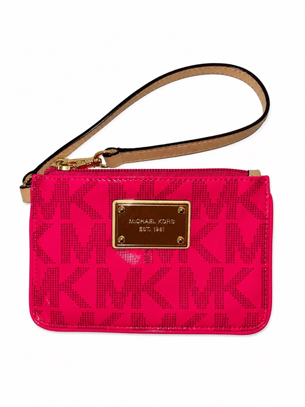 Michael Kors Bright Pink MK Logo Patent Wristlet with Tan Strap
